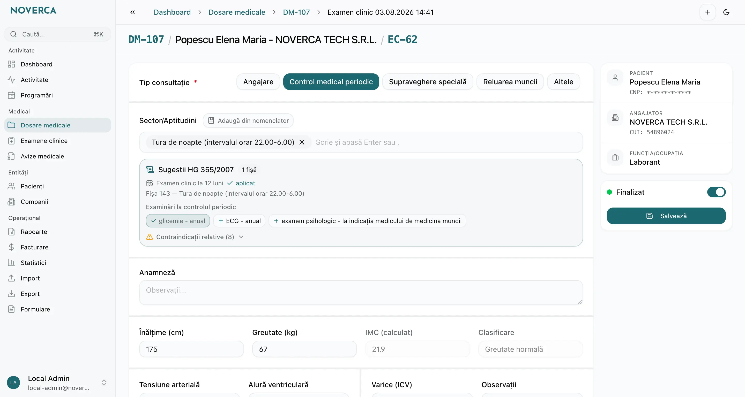 Examene clinice și fișe de aptitudine în software-ul Noverca